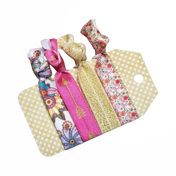 Boho Floral Theme 4-Pack Handmade No Crease FOE Elastic Hair Ties - Picture 2 of 6